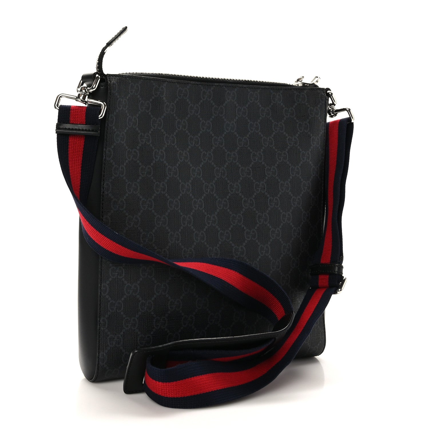 Gucci GG Supreme Monogram Appia Calfskin Web Flat Messenger Bag Black Grey 3 of 10