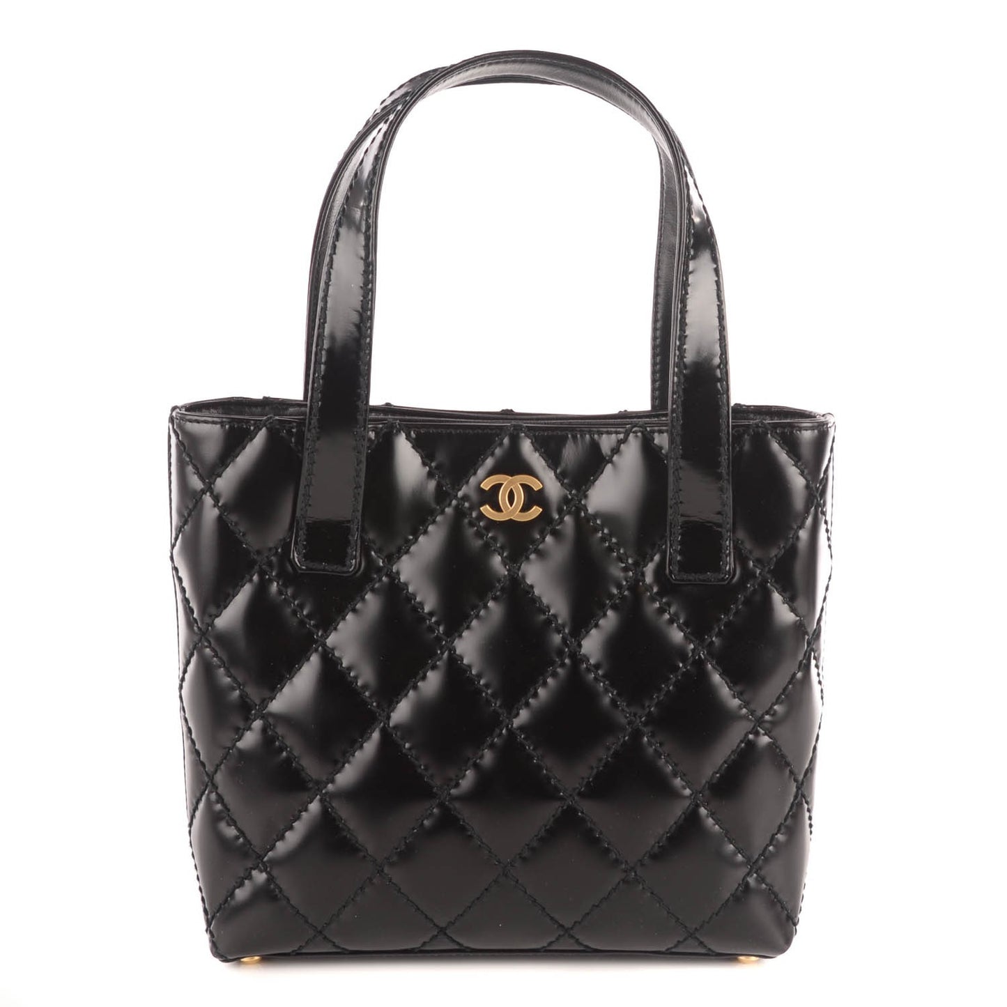 Glazed Calfskin Quilted Tote Black