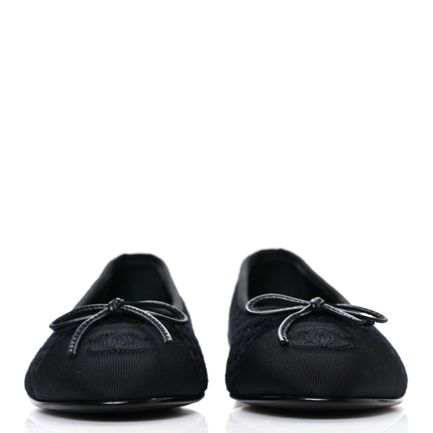 Wool Tweed Grosgrain Cap Toe CC Ballerina Flats 37.5 Black