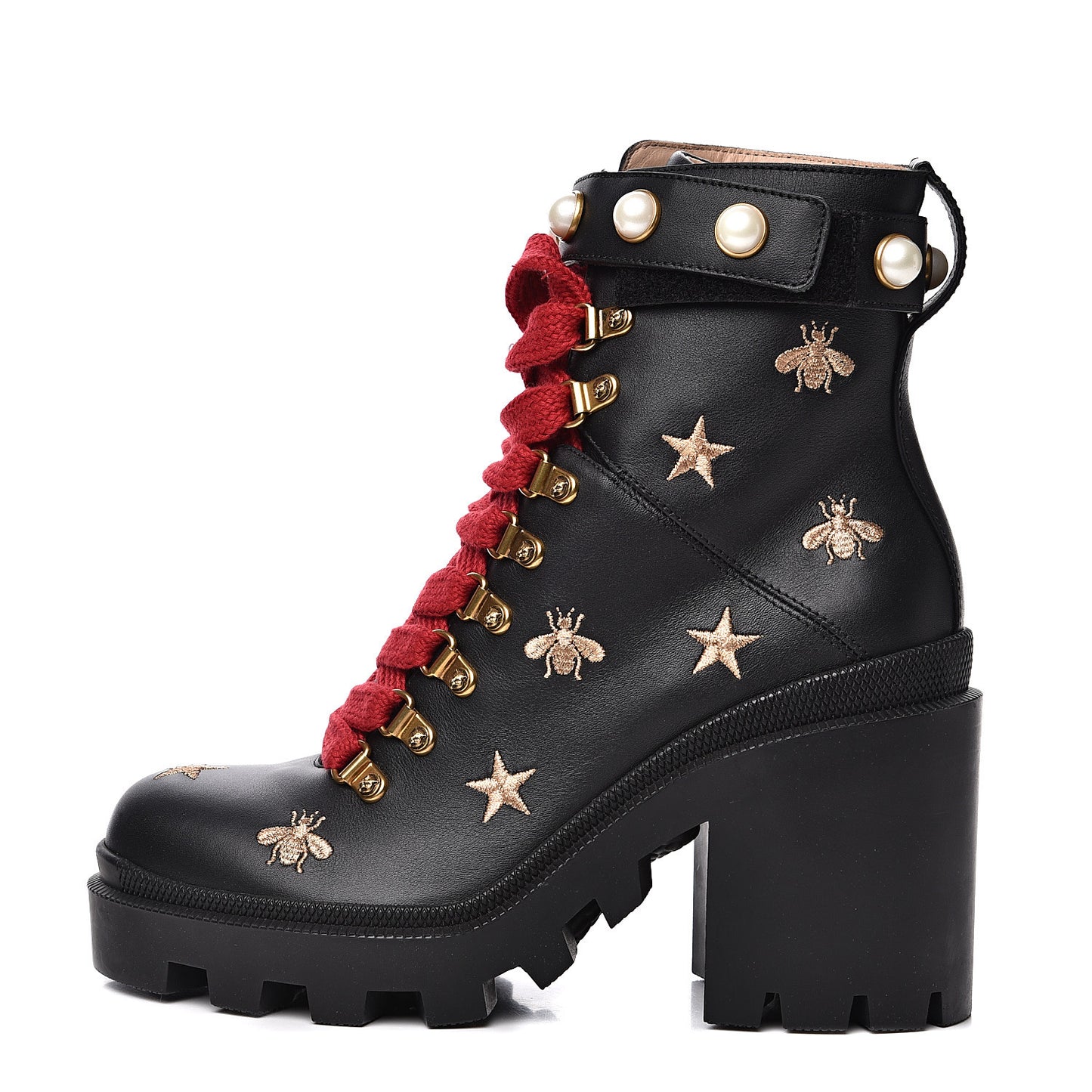 Calfskin Bee Star Embroidered Lace Up Combat Ankle Boots 37 Black