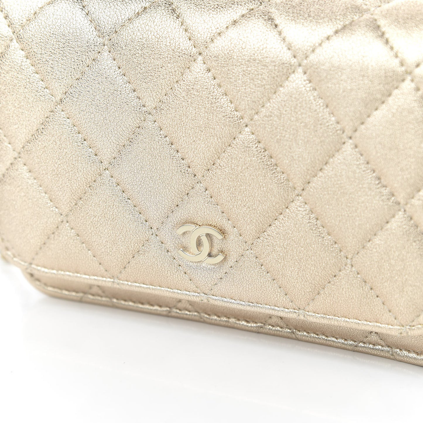 Metallic Lambskin Quilted Mini Wallet On Chain WOC Gold
