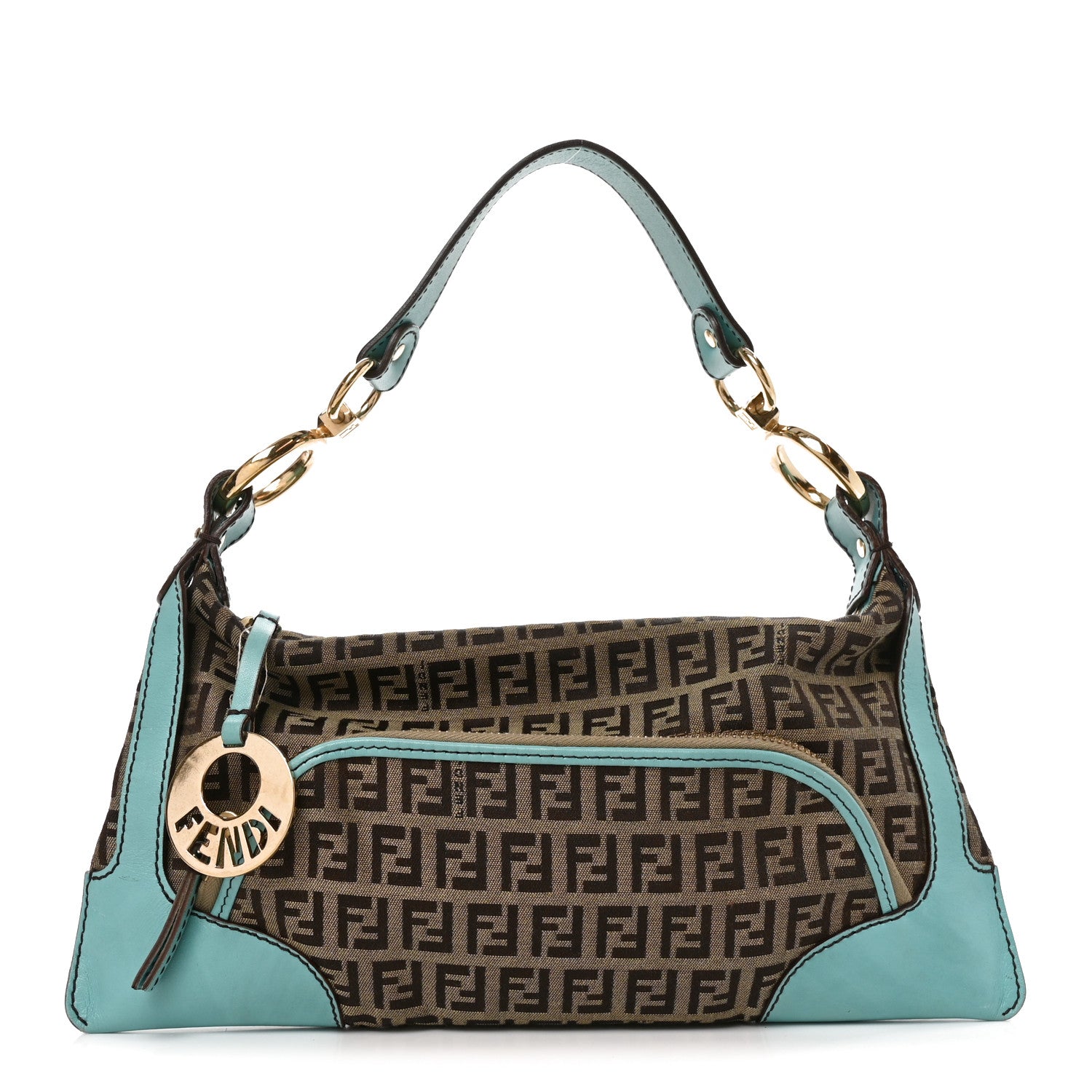 Fendi Zucchino Cuoio Small Chef Pocket Shoulder Bag Mogano Panna Turquoise 1 of 10