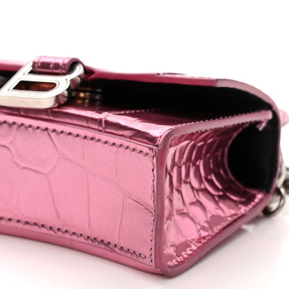 Balenciaga Metallic Calfskin Crocodile Embossed Hourglass Top Handle Bag Mini with Chain Pink 9 of 9