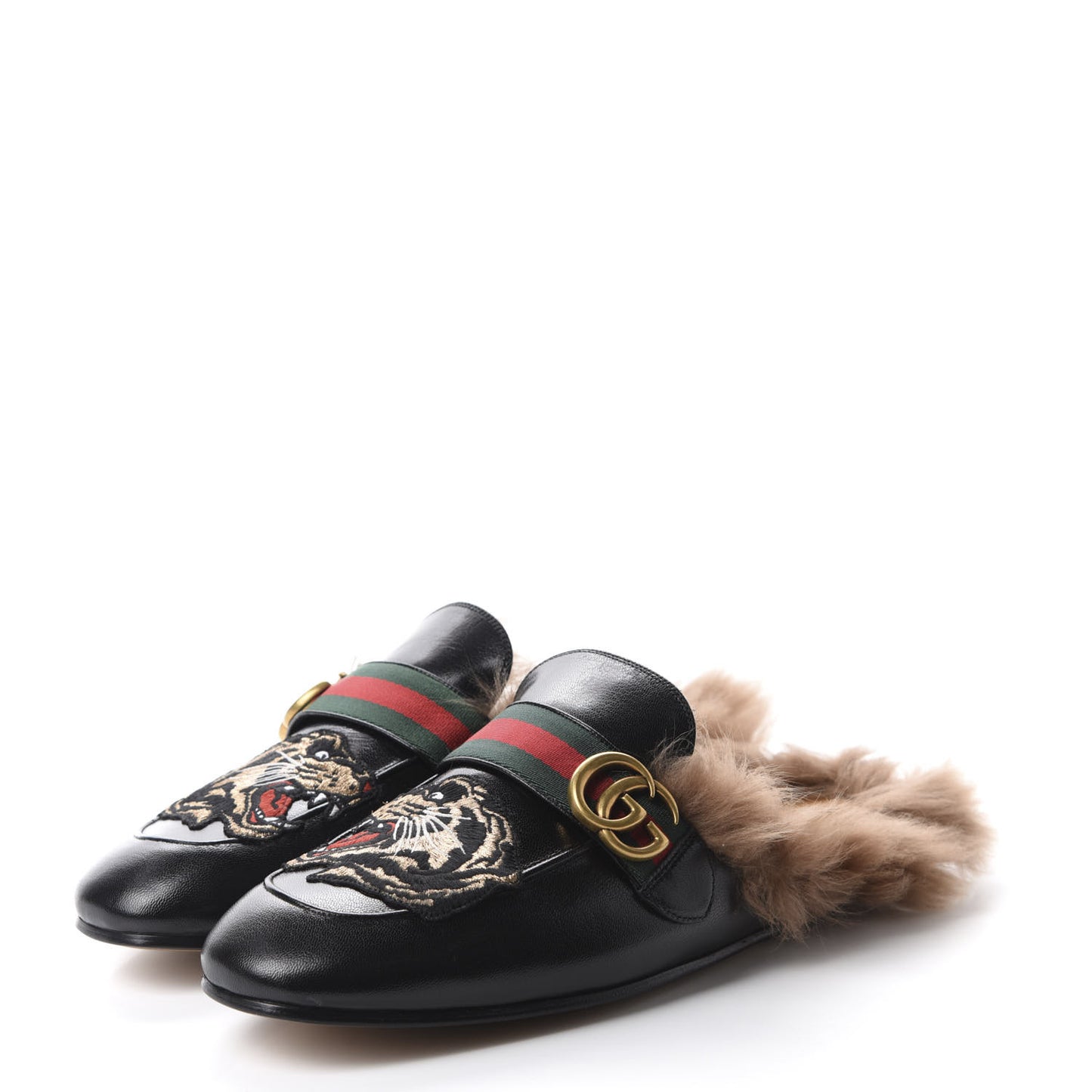 Goatskin Fur Web GG Tiger Embroidered Mens Princetown Slippers 9.5 Black