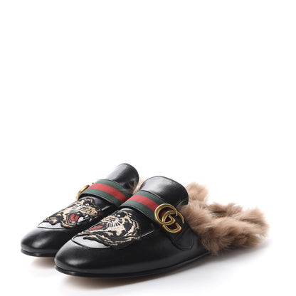 Gucci Goatskin Fur Web GG Tiger Embroidered Mens Princetown Slippers 9.5 Black 2 of 8
