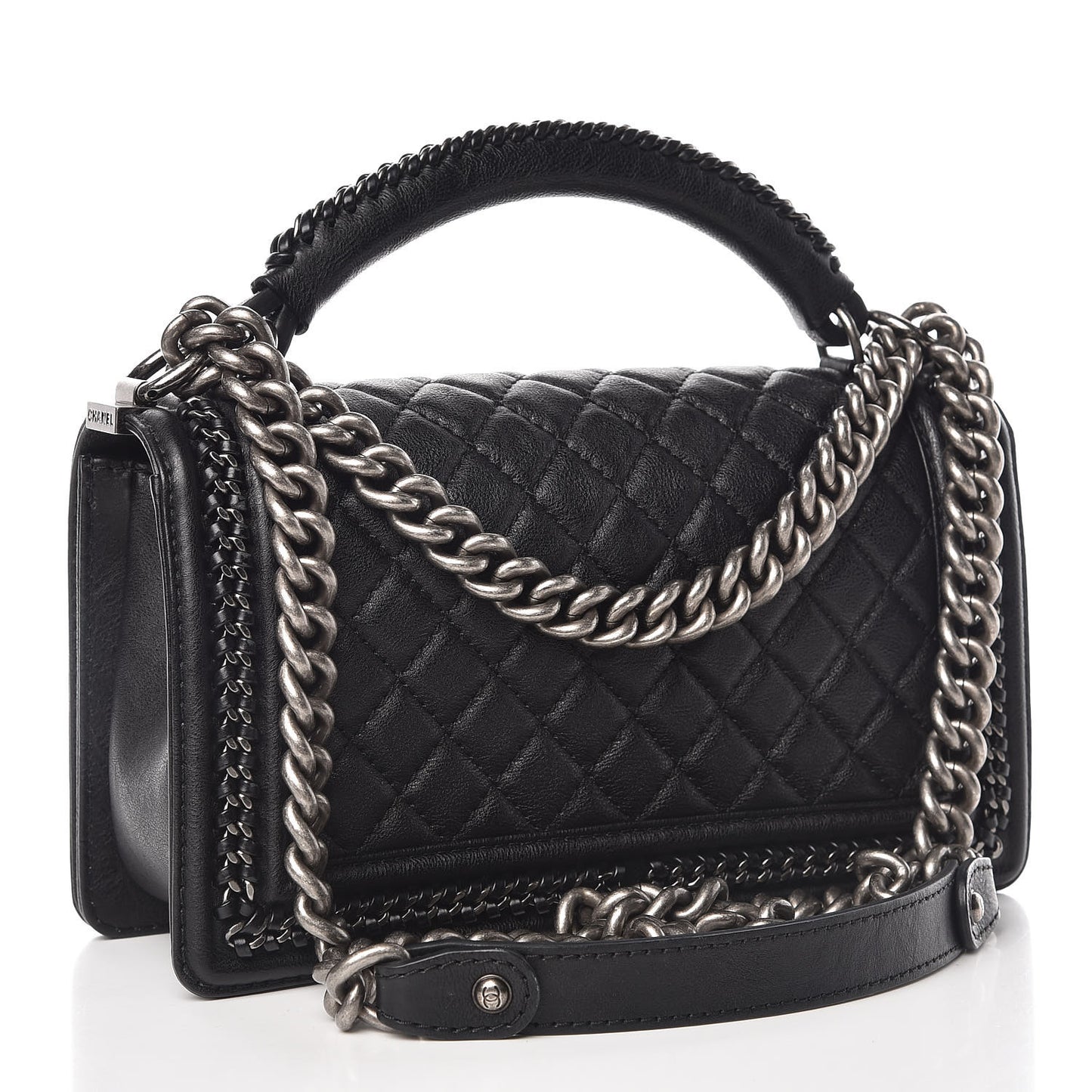 Calfskin Quilted Medium Boy Top Handle Flap Black