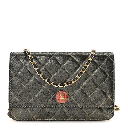 Chanel Iridescent Calfskin Quilted Tartan Button Wallet on Chain WOC Gold 1 of 12
