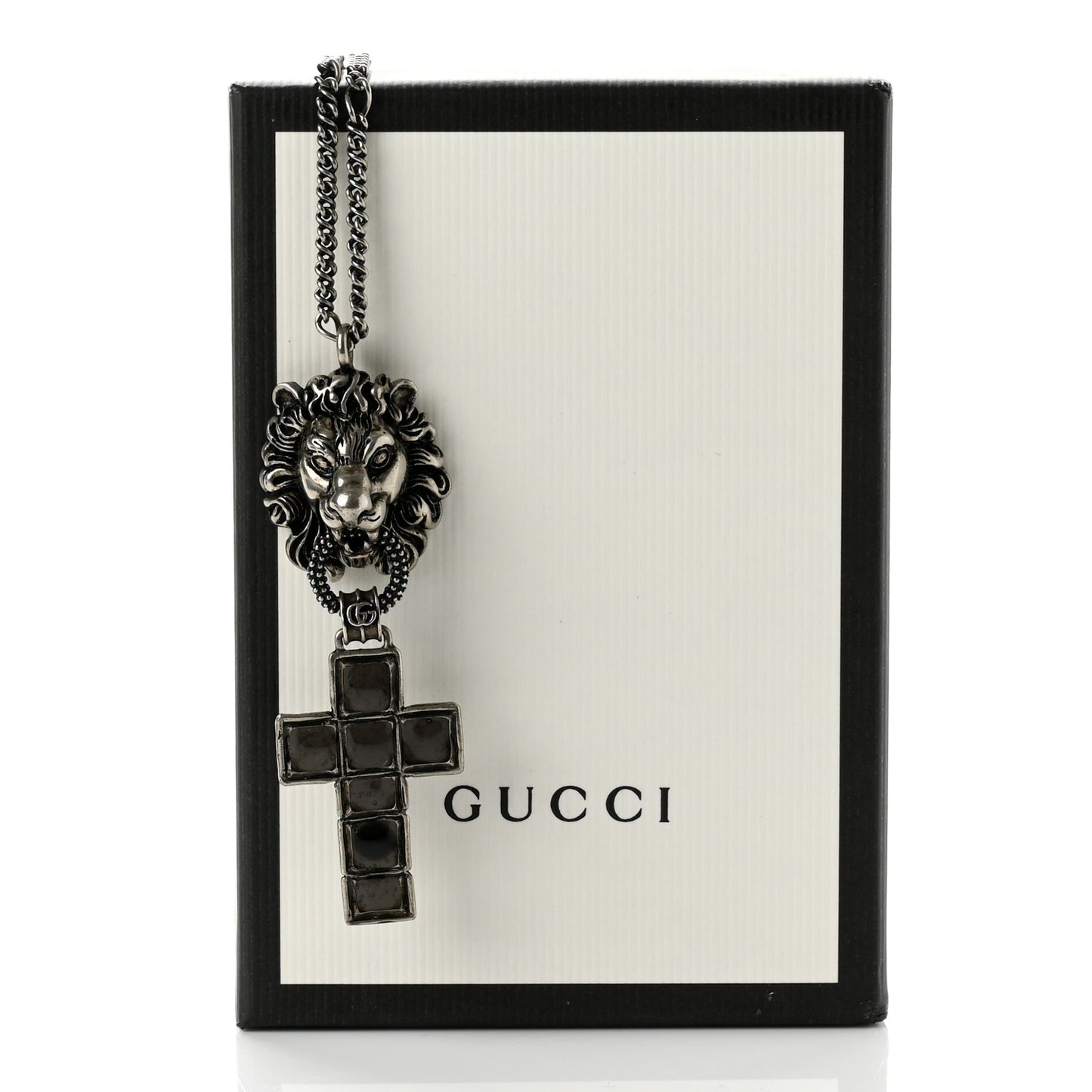 Enamel Brass Lion Head Crucifix Necklace Black