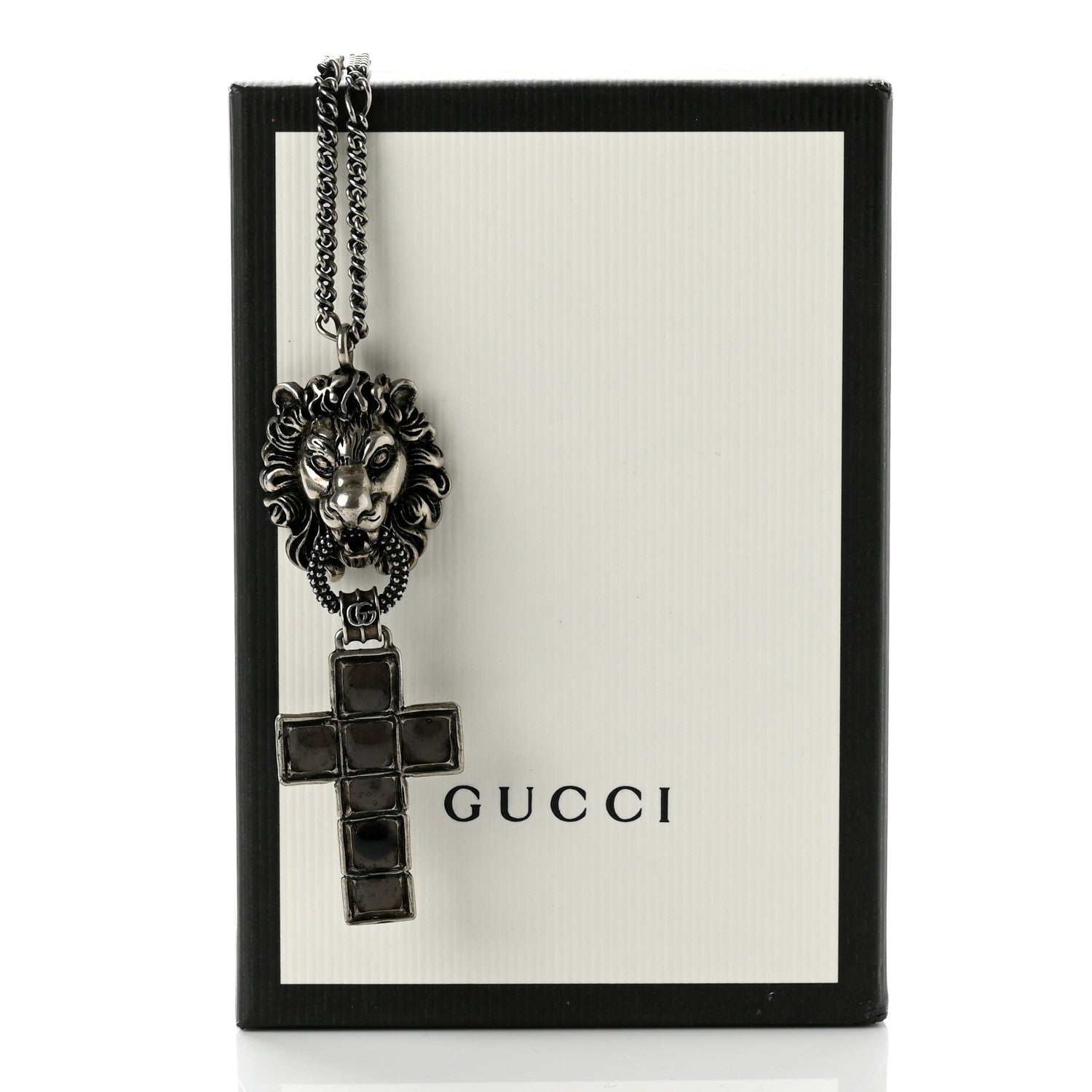 Gucci Enamel Brass Lion Head Crucifix Necklace Black 7 of 7