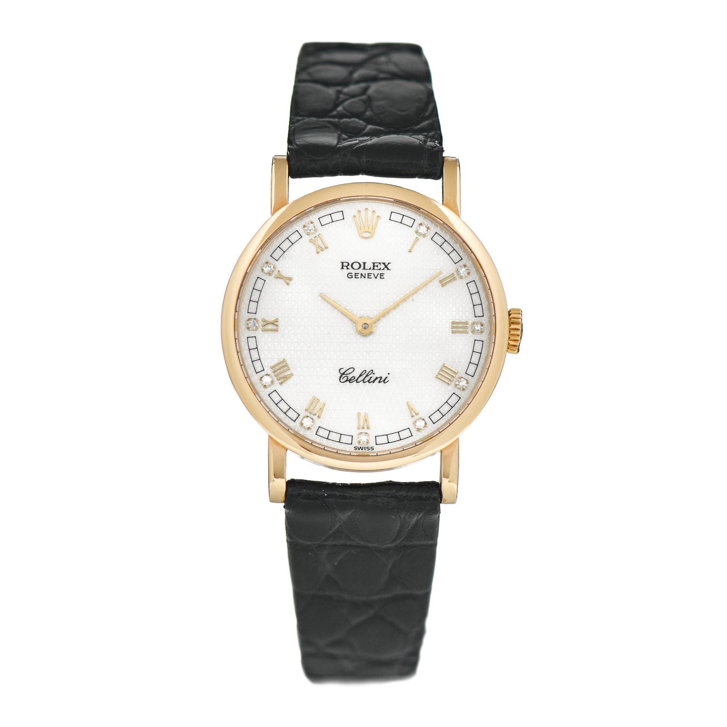 18K Yellow Gold Alligator Diamond 26mm Cellini Manual Winding Watch White 5109
