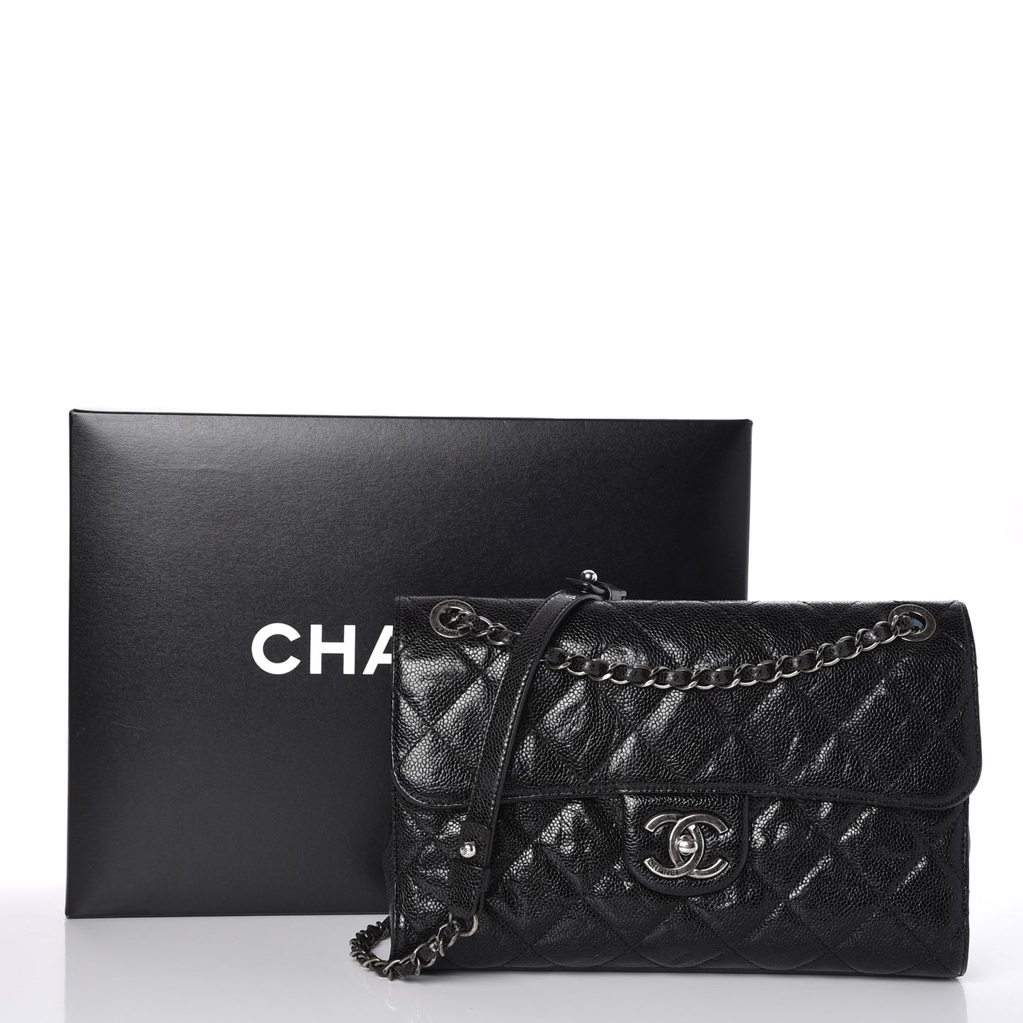 Crumpled Grained Calfskin Medium CC Crave Flap Black