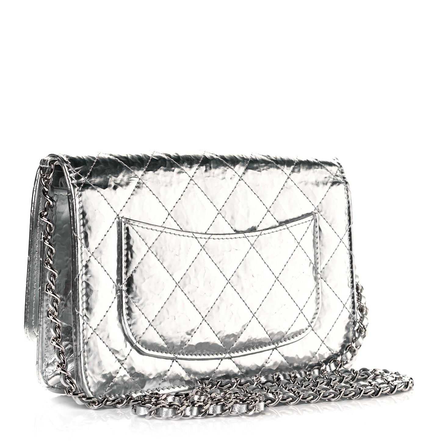 Hammered Metallic Calfskin Quilted Wallet On Chain WOC Silver