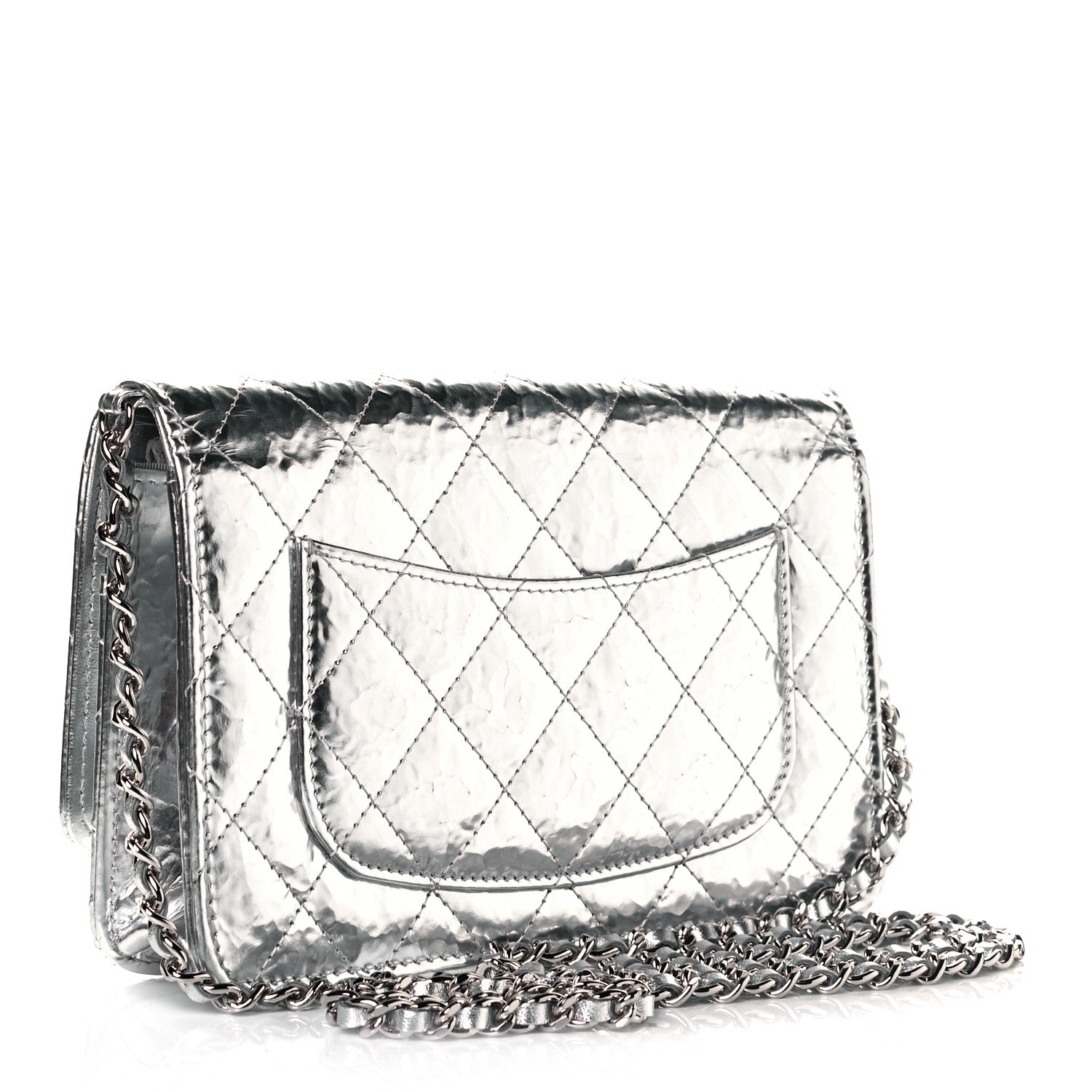 Chanel Hammered Metallic Calfskin Quilted Wallet On Chain WOC Silver 3 of 10