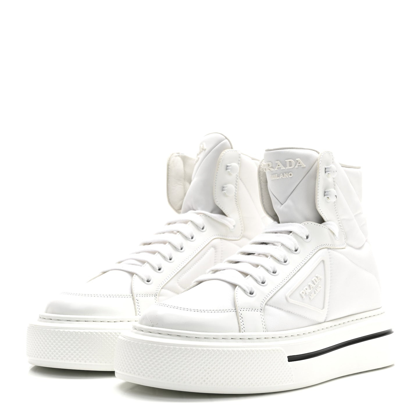 Re-Nylon Gabardine Spazzolato Macro Quilted Triangle Logo High Top 45mm Sneakers 38.5 White