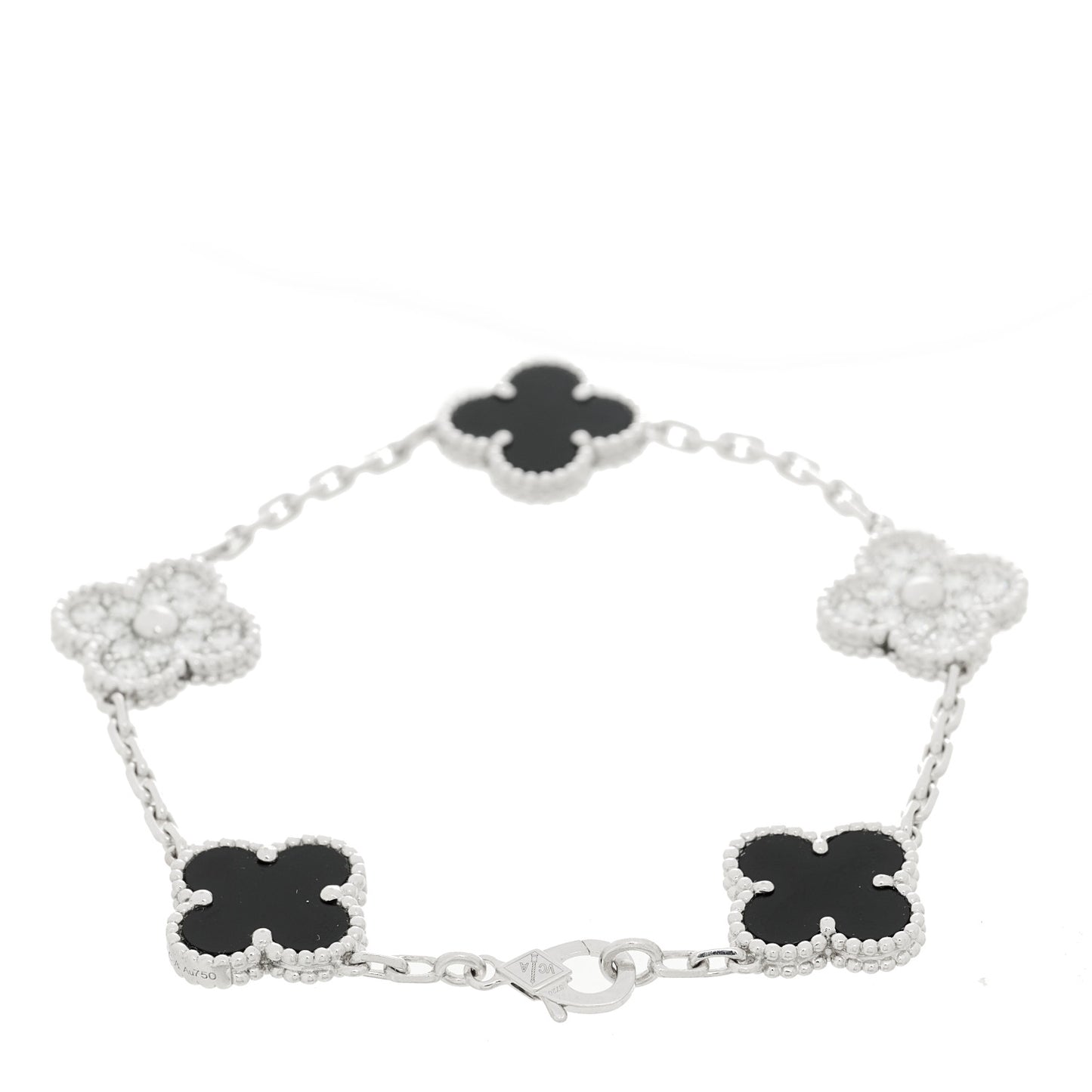 18K White Gold Diamond Black Onyx 5 Motifs Vintage Alhambra Bracelet