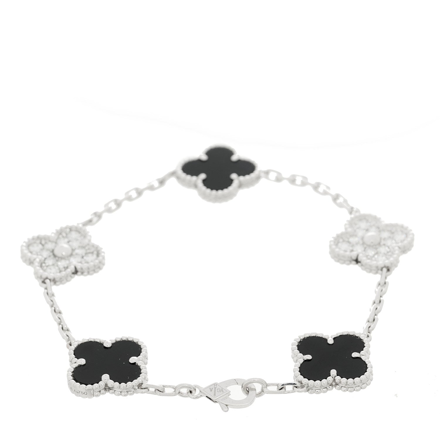 Van Cleef & Arpels 18K White Gold Diamond Black Onyx 5 Motifs Vintage Alhambra Bracelet 2 of 5