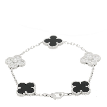 Van Cleef & Arpels 18K White Gold Diamond Black Onyx 5 Motifs Vintage Alhambra Bracelet 2 of 5