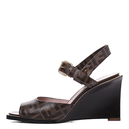 Fendi Glazed Fabric FF Wedge Sandals 40 Tobacco Moro 1 of 19