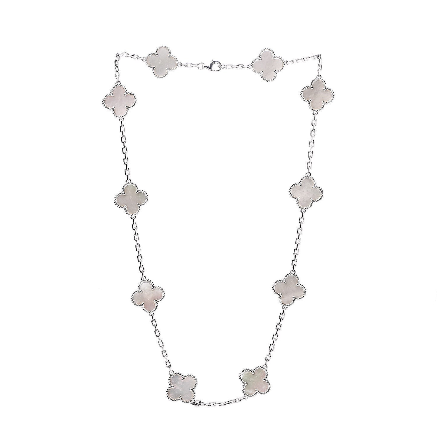 18K White Gold Mother of Pearl 10 Motifs Vintage Alhambra Necklace
