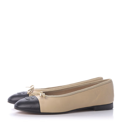 Chanel Lambskin Cap Toe CC Ballerina Flats 38 Beige Black 3 of 8