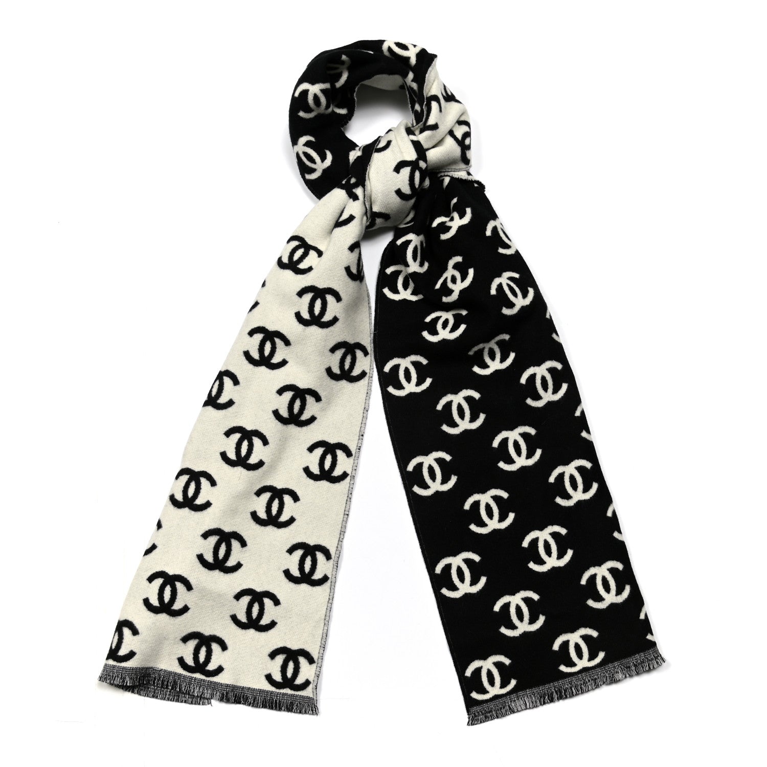 Chanel Wool Cashmere CC Scarf Black White 1 of 3