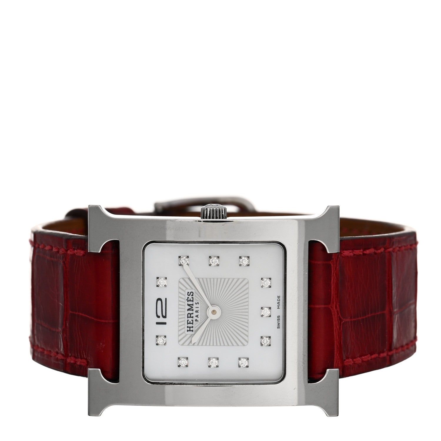 Hermes Stainless Steel Alligator Diamond Mother of Pearl 26mm Heure H Hour Quartz Watch Braise 2 of 4