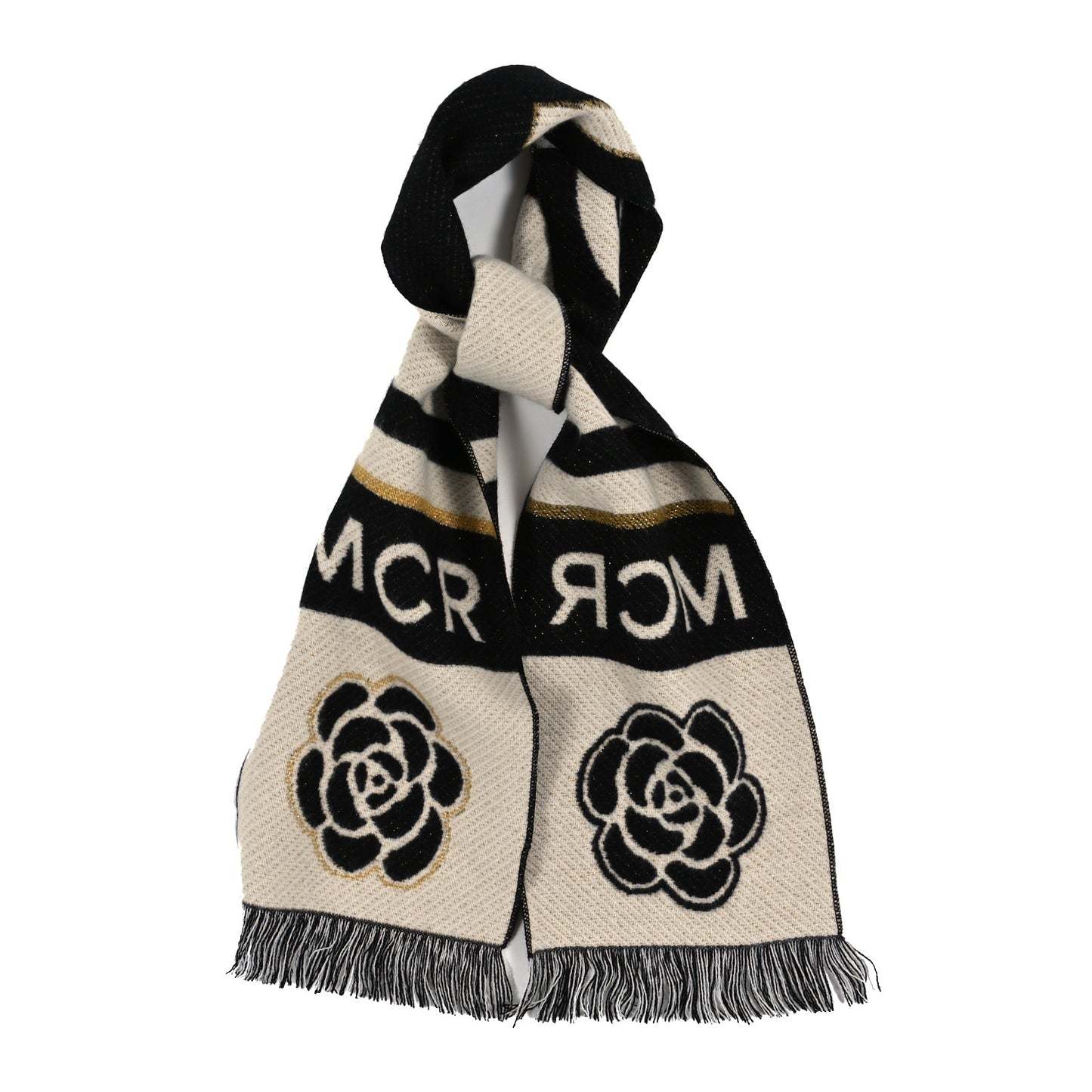 Cashmere Wool Metallic Fiber Manchester Camellia Fringe Scarf Black White