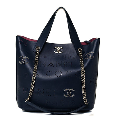Chanel Calfskin Tweed Small Logo Eyelets Shopping Tote Navy Blue 4 of 11