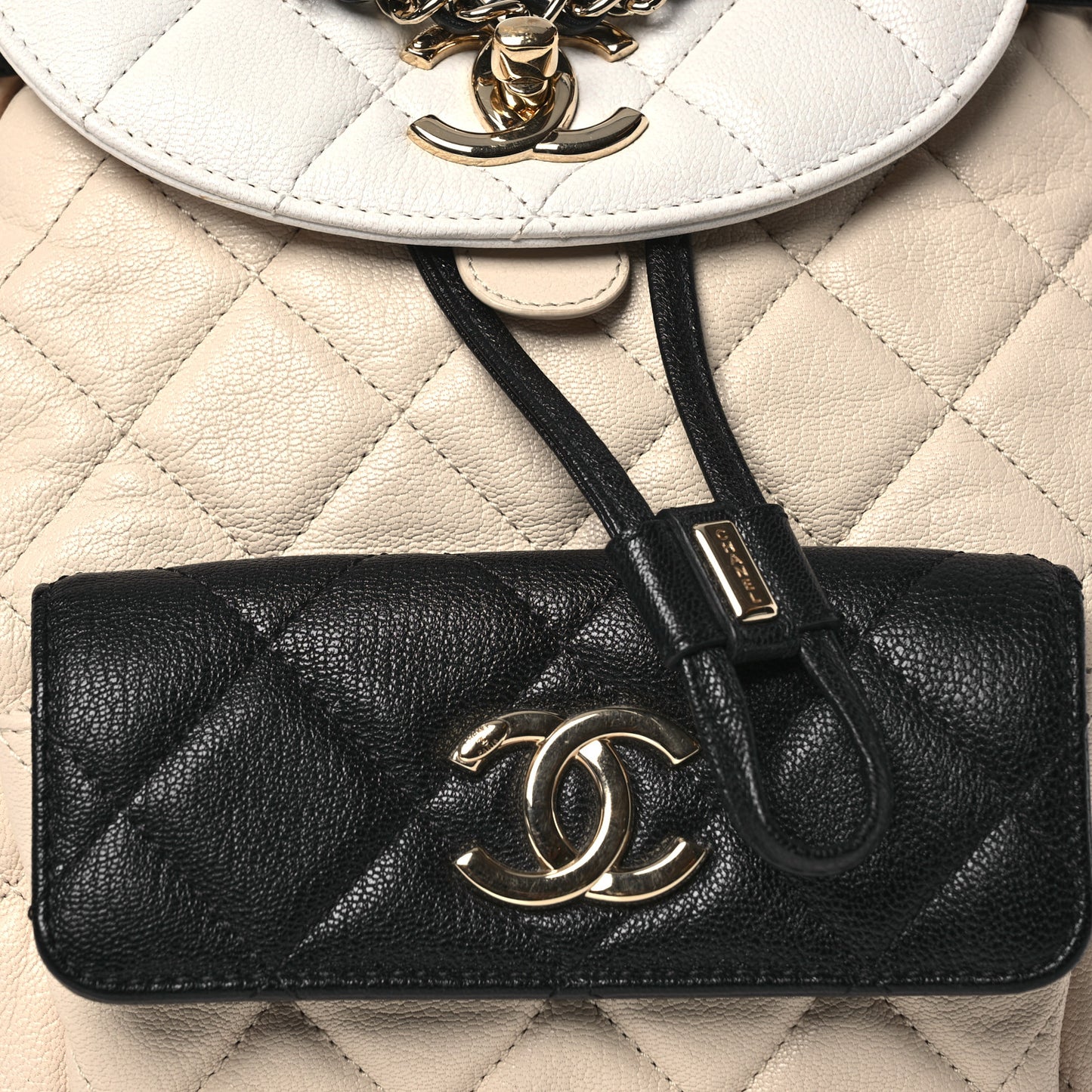 Goatskin Quilted Duma Drawstring Backpack Beige Black White