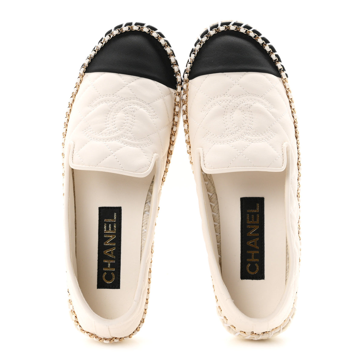 Chanel Shiny Lambskin Quilted Grosgrain Cap Toe CC Chain Espadrilles 37 White Black 2 of 10