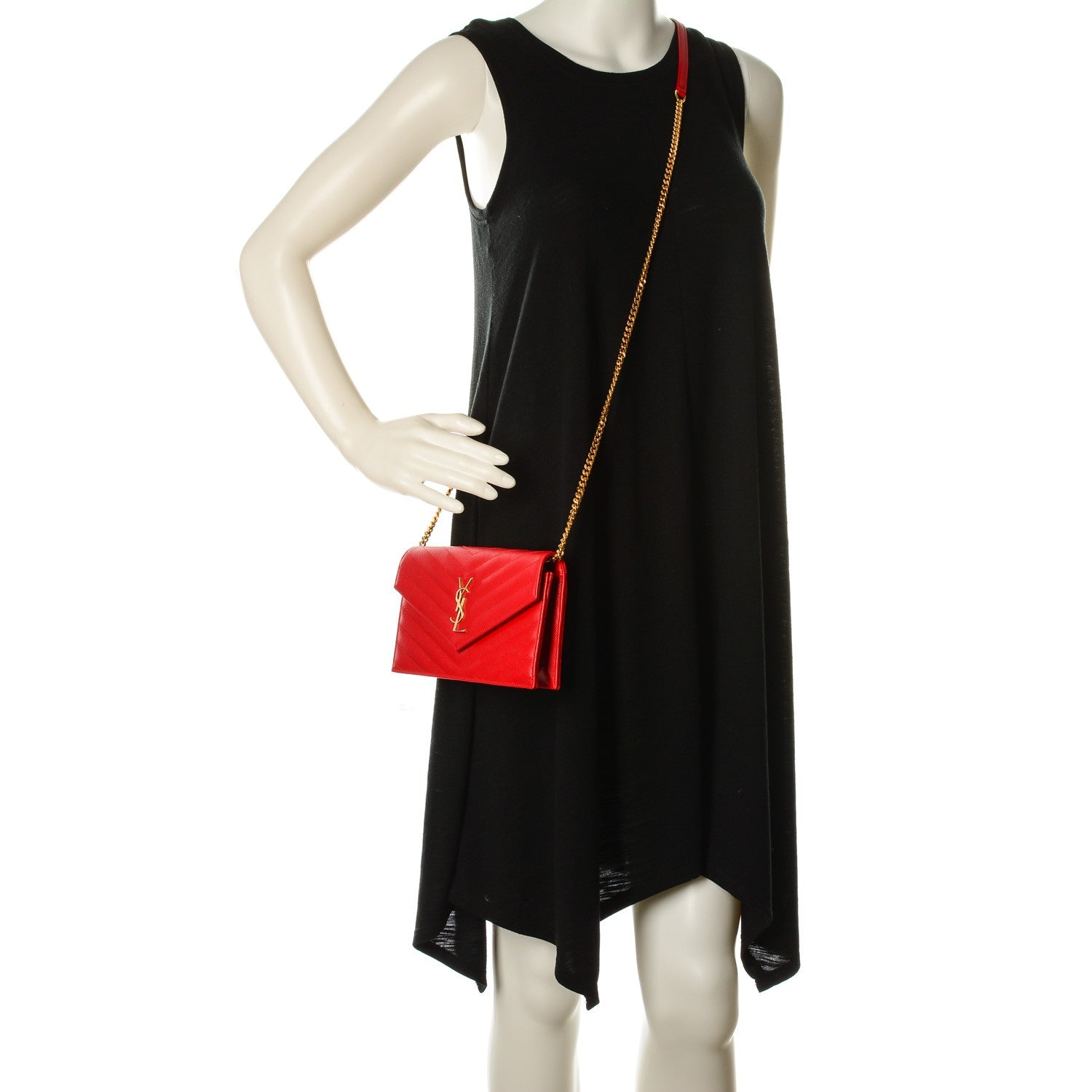 Saint Laurent Grain De Poudre Matelasse Chevron Monogram Envelope Chain Wallet Red 2 of 7