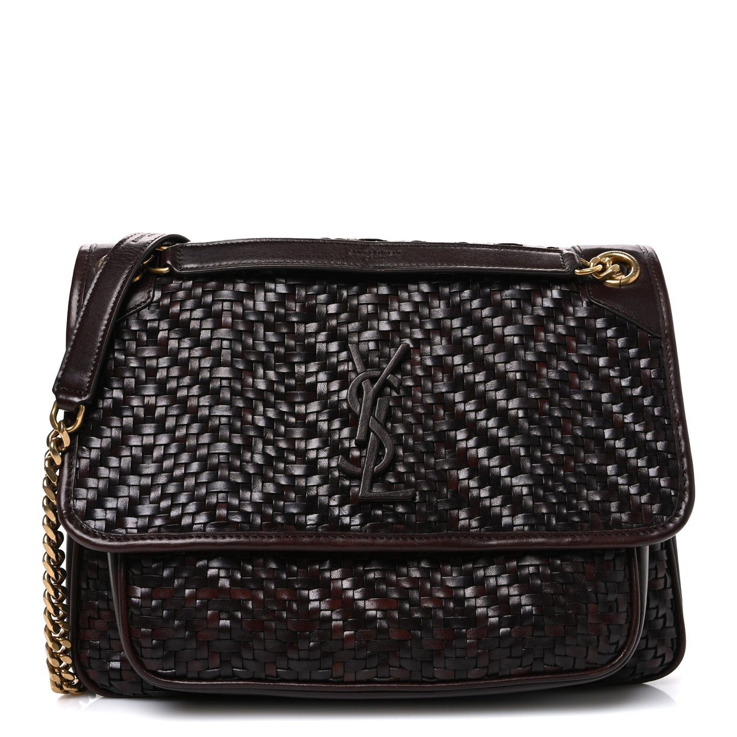 Calfskin Woven Monogram Medium Niki Chain Satchel Burnt Brown