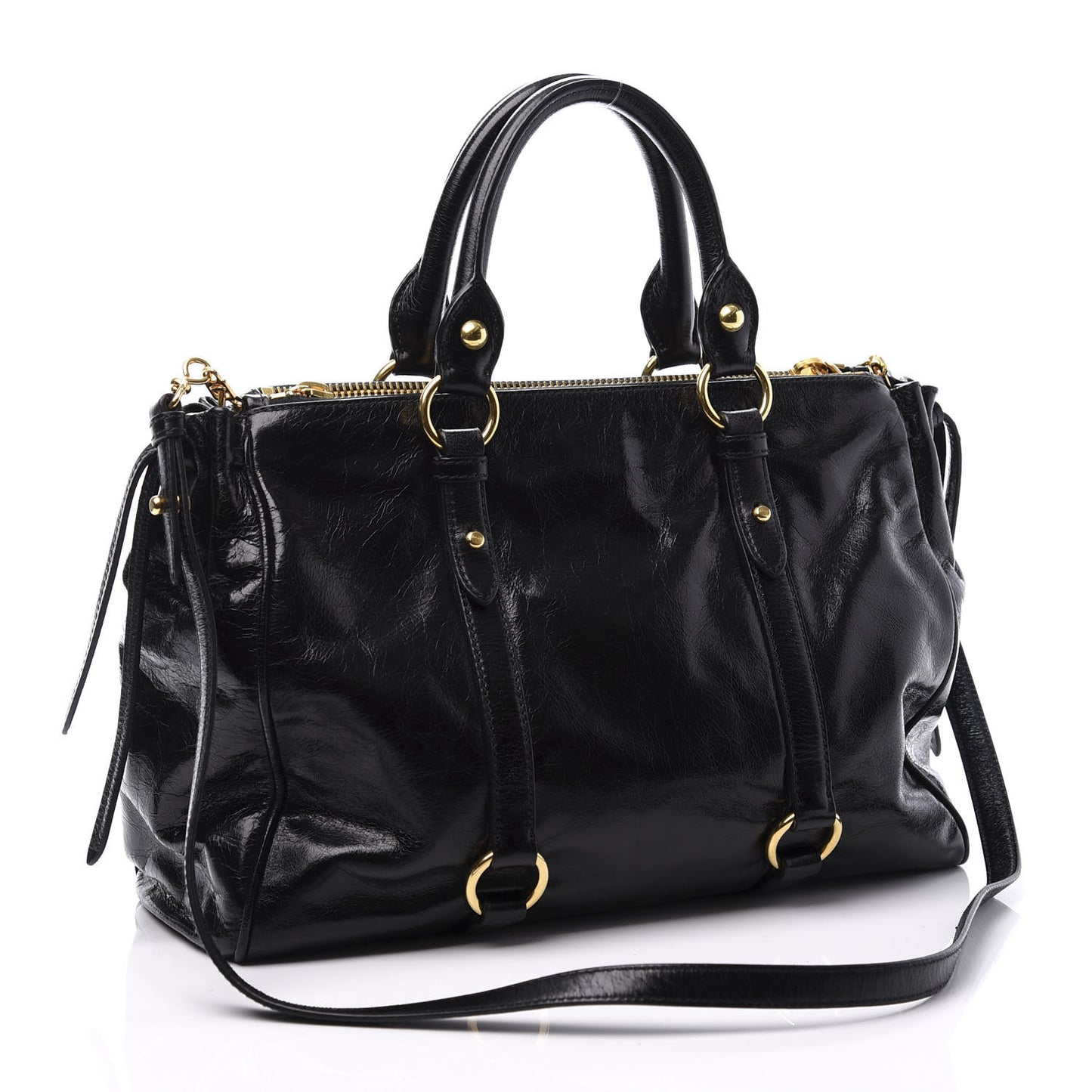 Vitello Shine Double Zip Tote Black