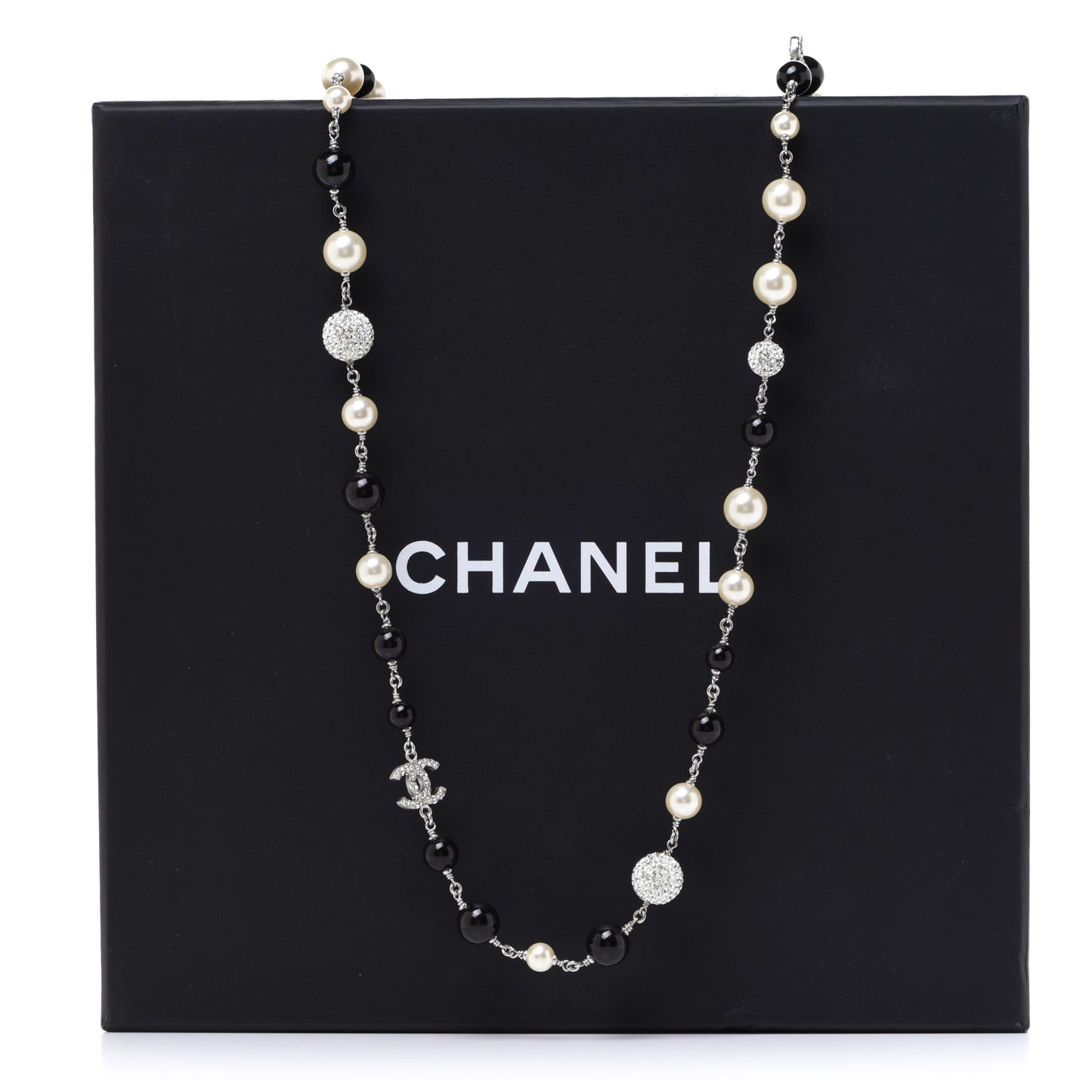 Pearl Crystal Bead CC Long Necklace Black Silver