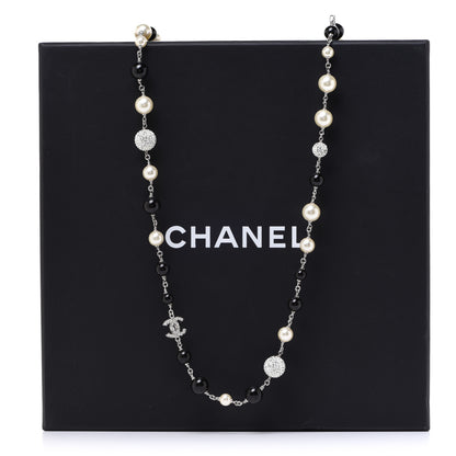 Chanel Pearl Crystal Bead CC Long Necklace Black Silver 6 of 6