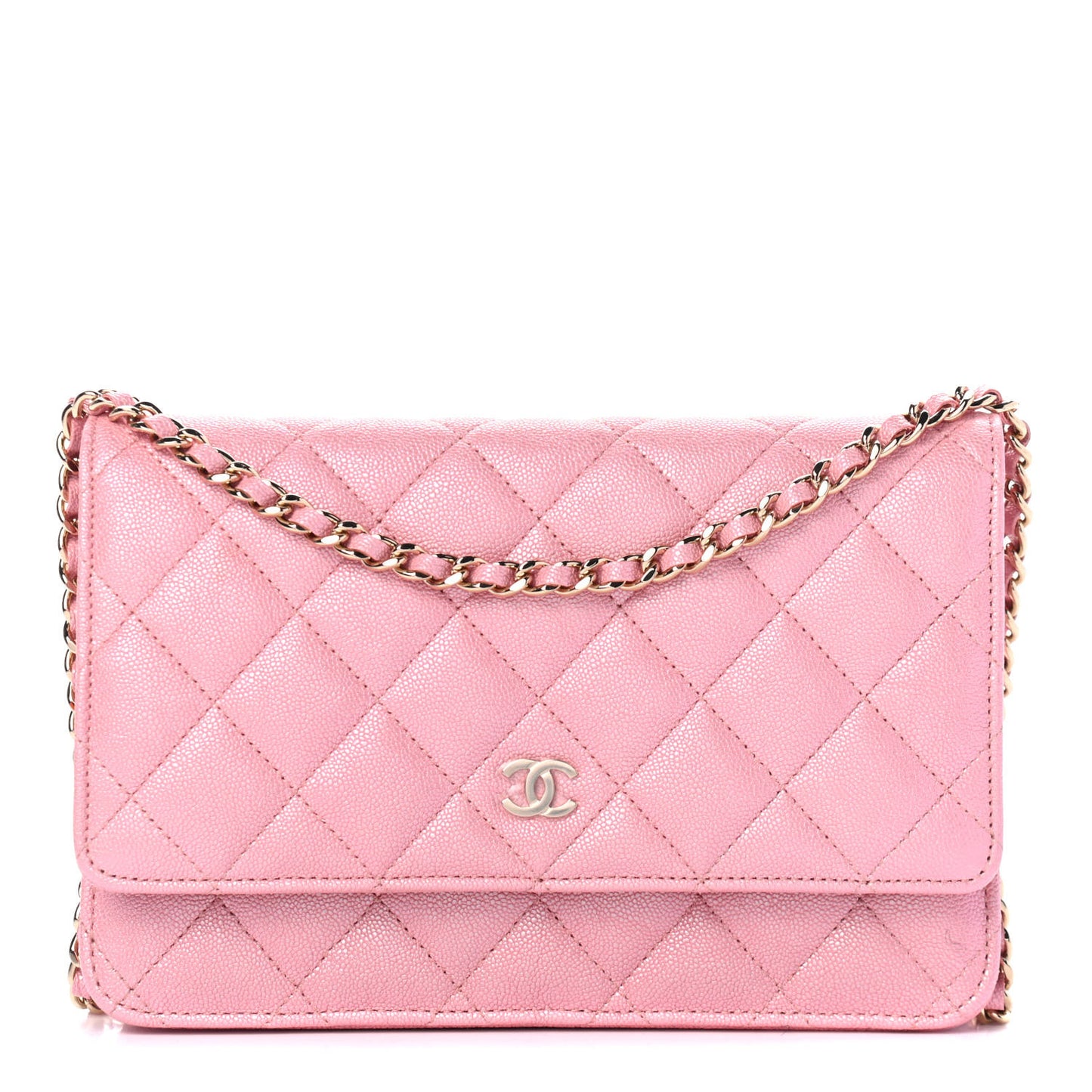 Iridescent Caviar Quilted Wallet on Chain WOC Rose Pink