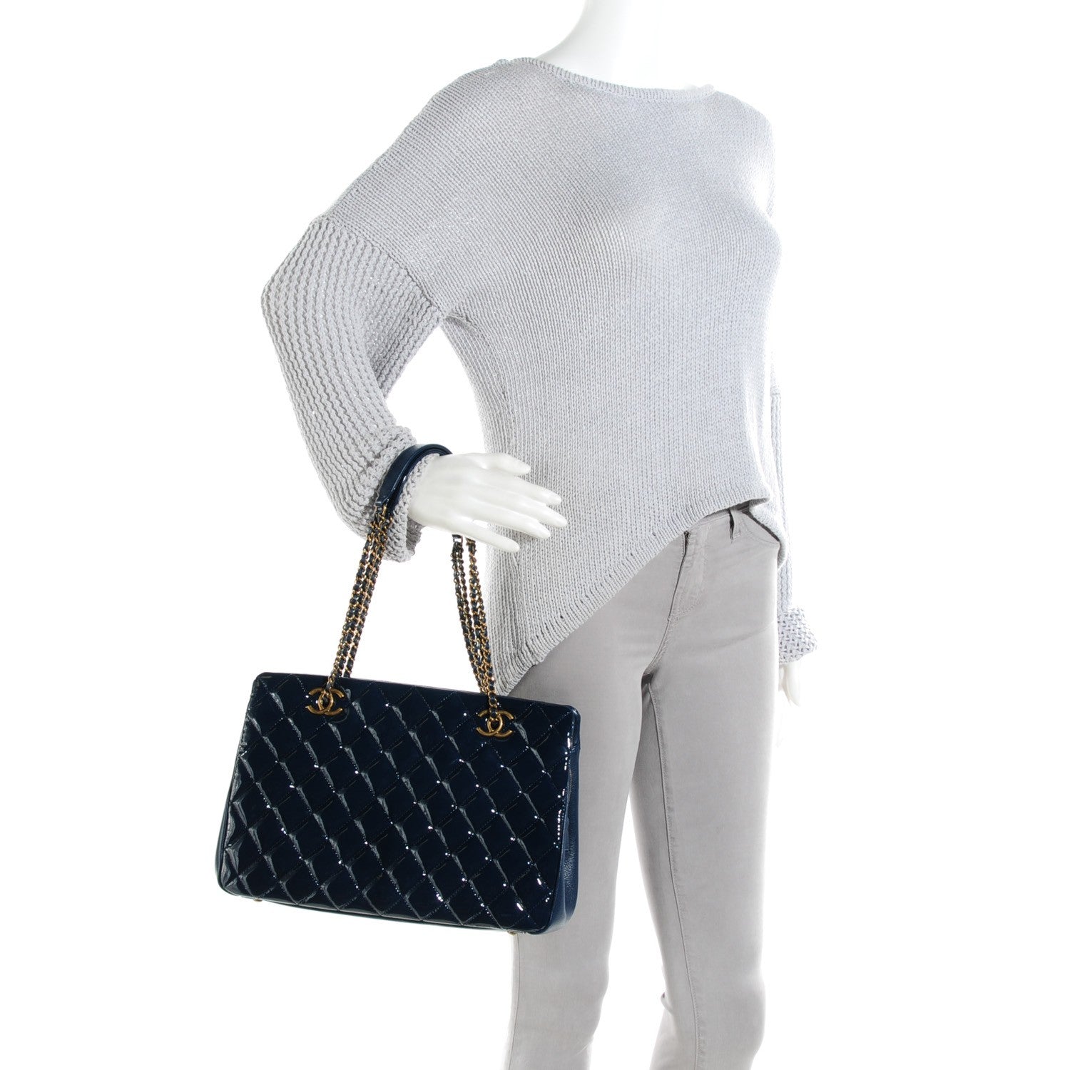 Chanel Patent Goatskin Quilted Small CC Eyelet Tote Blue 2 of 7