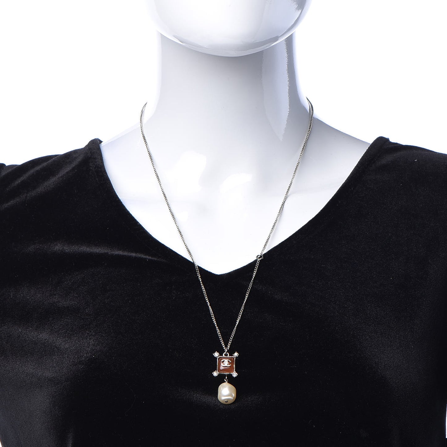 Enamel Pearl Crystal CC Pendant Necklace Silver