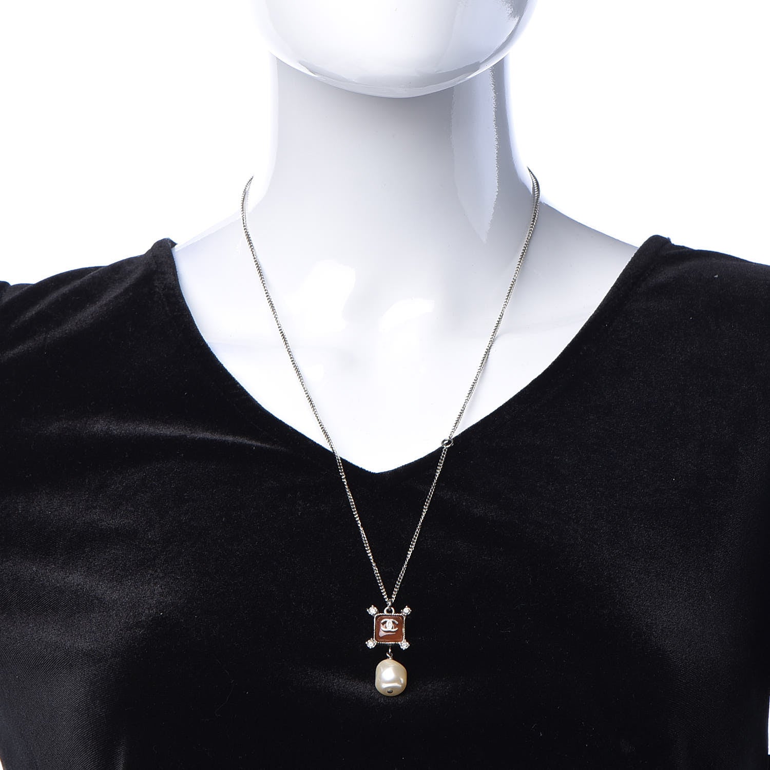 Chanel Enamel Pearl Crystal CC Pendant Necklace Silver 2 of 6