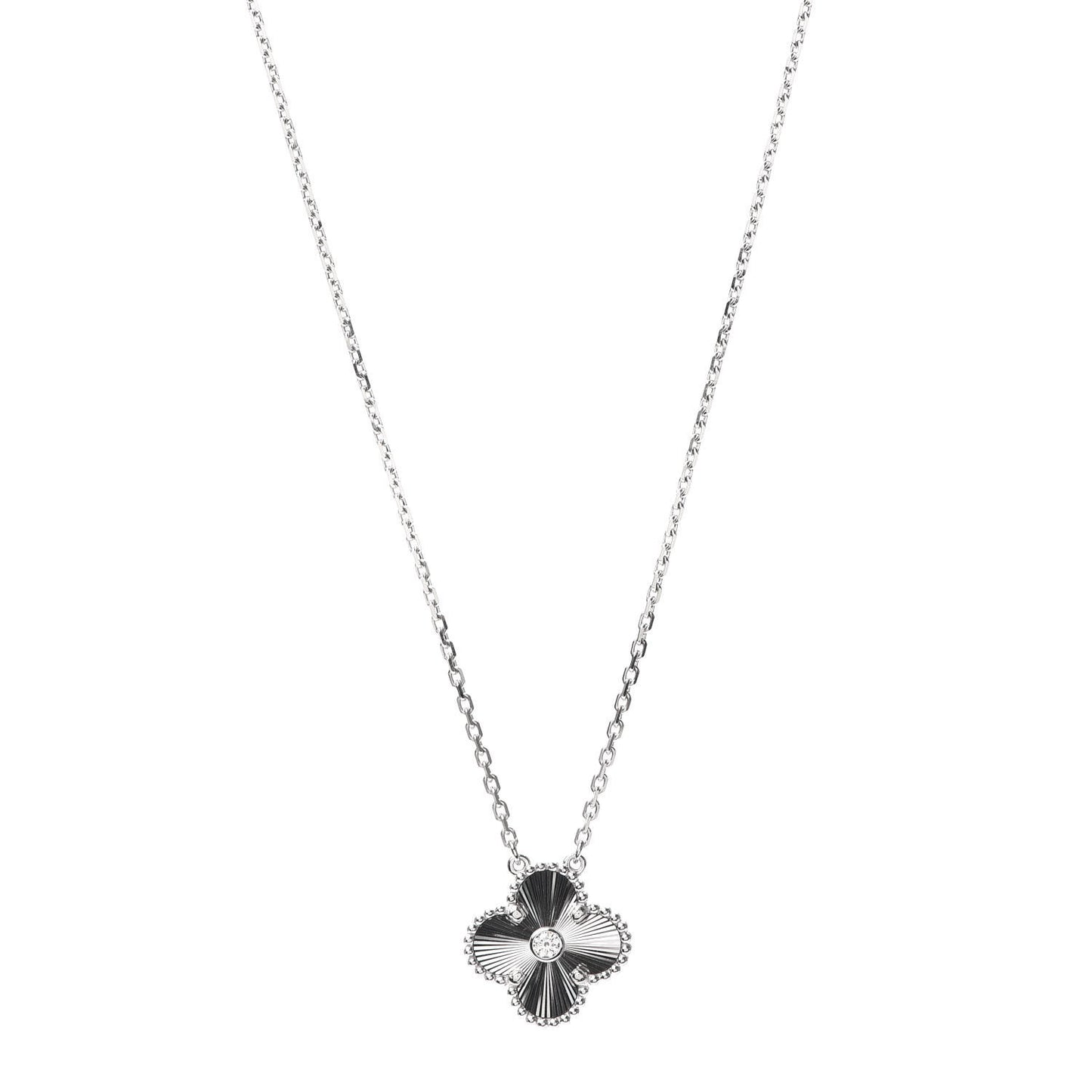 18K White Gold Diamond Guilloche Vintage Alhambra Pendant Necklace