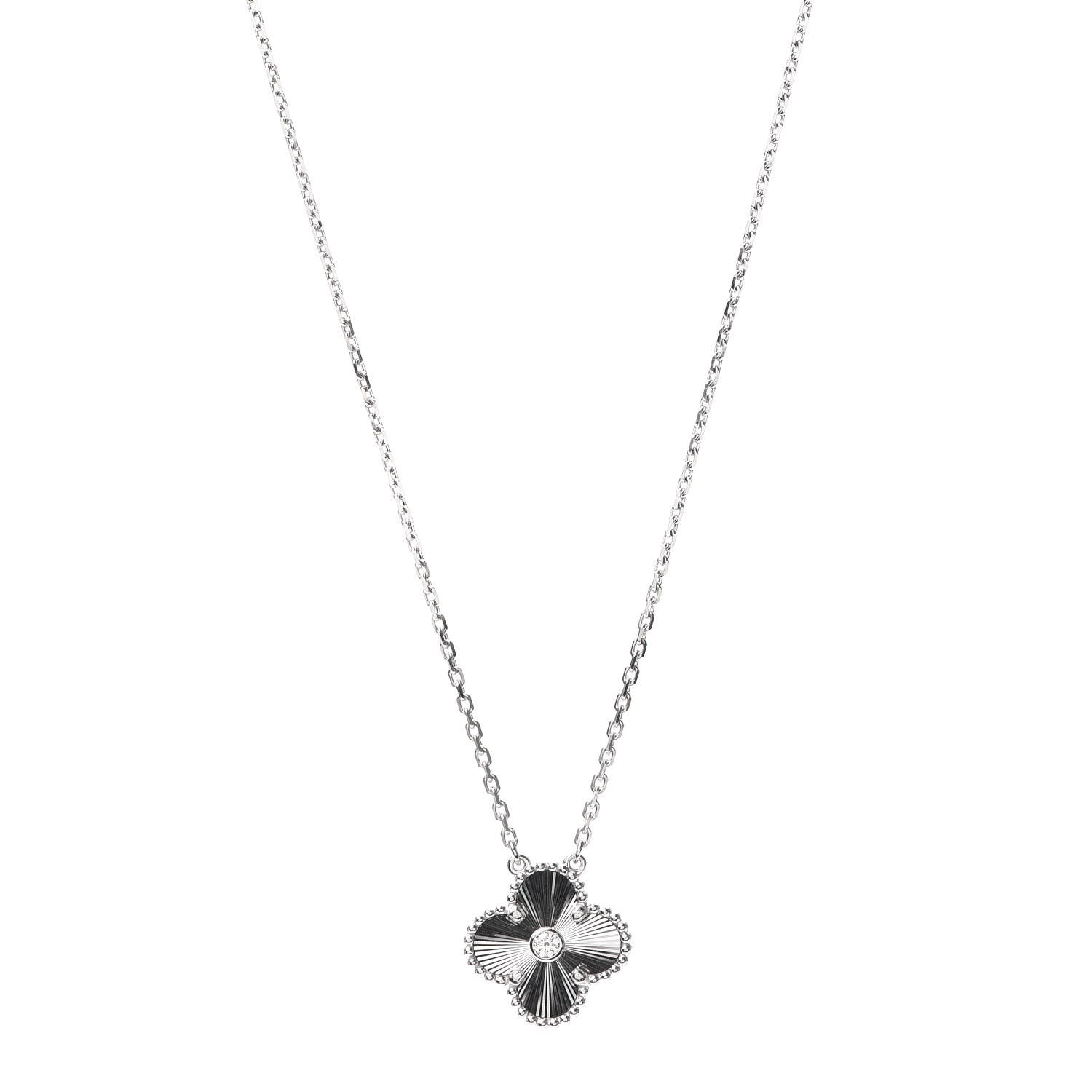 Van Cleef & Arpels 18K White Gold Diamond Guilloche Vintage Alhambra Pendant Necklace 1 of 7