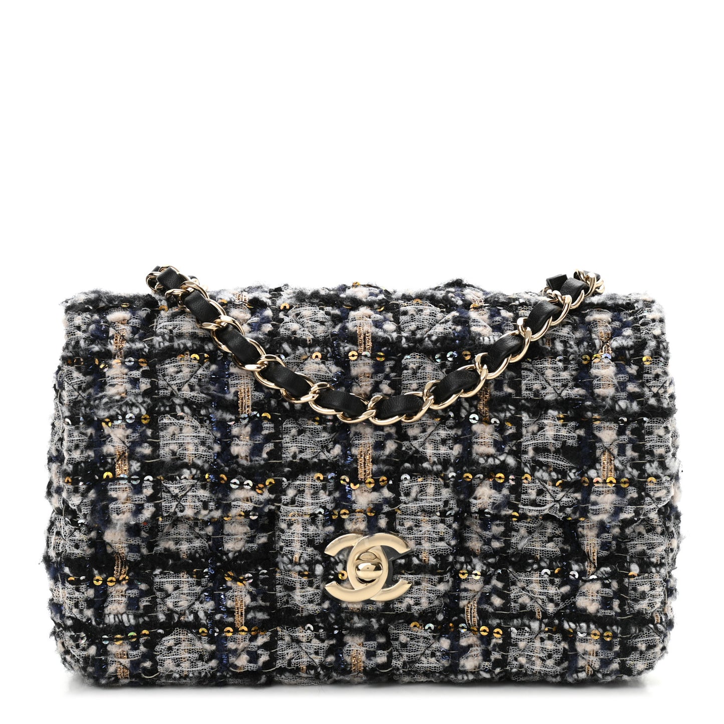 Glittered Tweed Quilted Mini Rectangular Flap Navy Blue