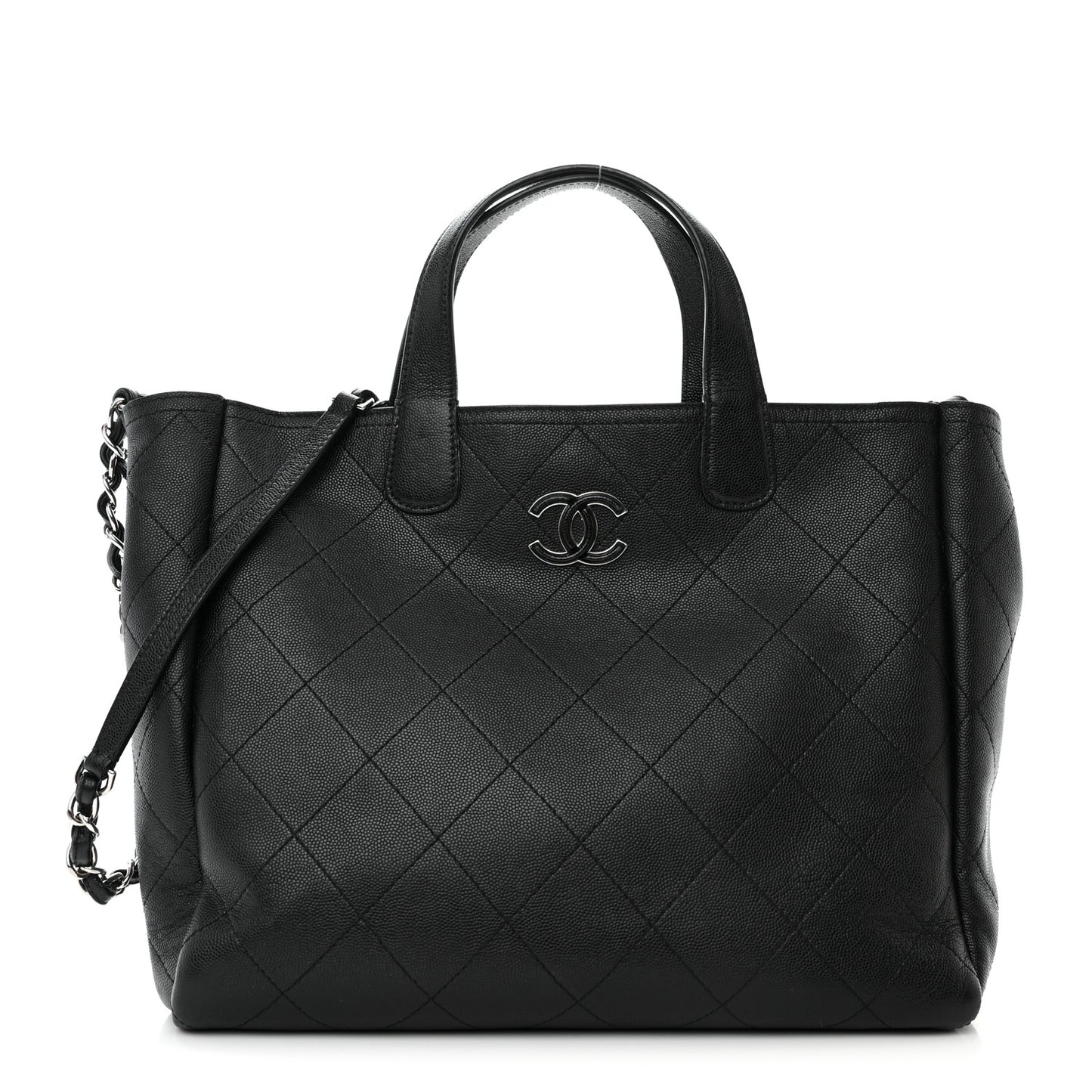 Caviar Stitched Large Lady Coco Shopping Tote Black