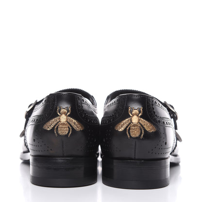 Gucci Calfskin Bee Embroidered Mens Queercore Brogue Wingtip Monk Strap Loafers 10.5 Black 5 of 14