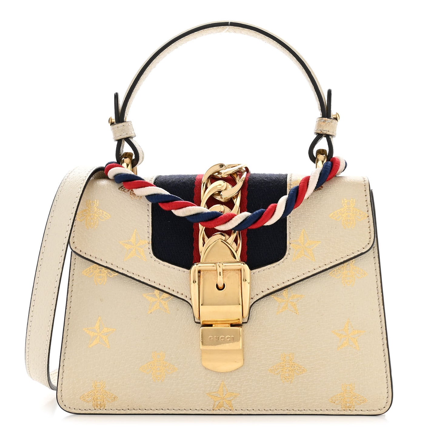 Textured Calfskin Bee Star Print Mini Sylvie Top Handle Bag Mystic White