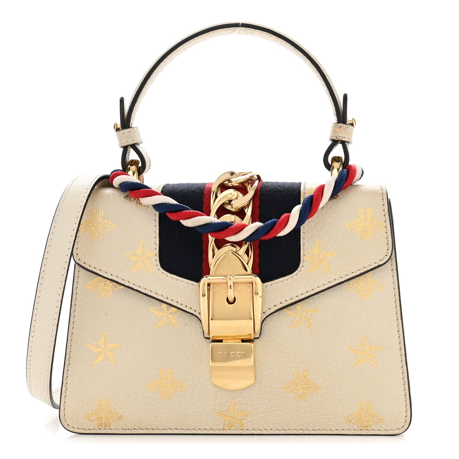 Gucci Textured Calfskin Bee Star Print Mini Sylvie Top Handle Bag Mystic White 1 of 17