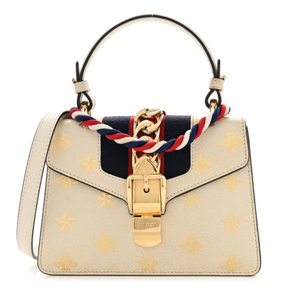 Gucci Textured Calfskin Bee Star Print Mini Sylvie Top Handle Bag Mystic White 1 of 17