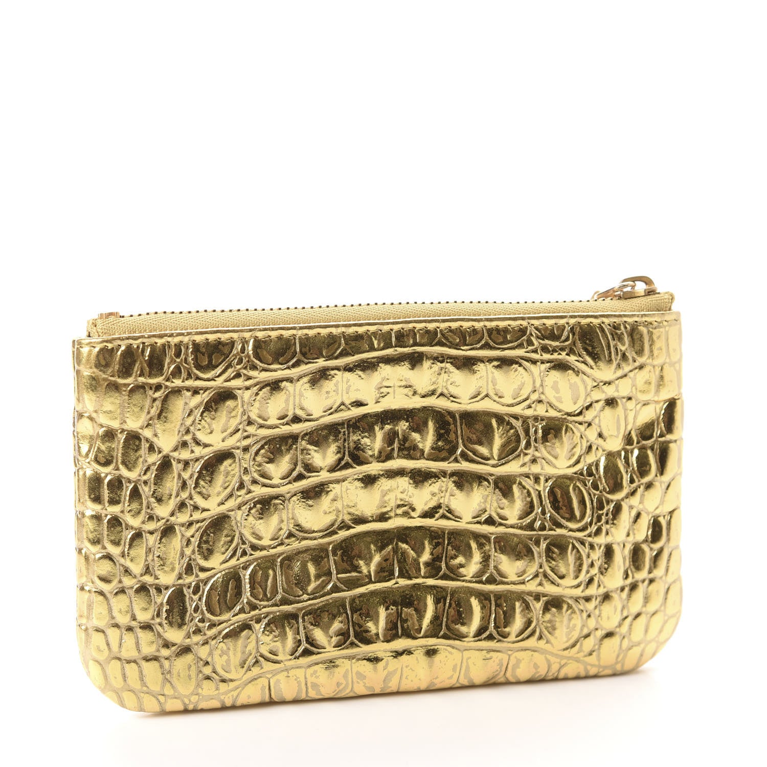 Chanel Metallic Calfskin Crocodile Embossed Cocodile Cosmetic Case Gold 3 of 8