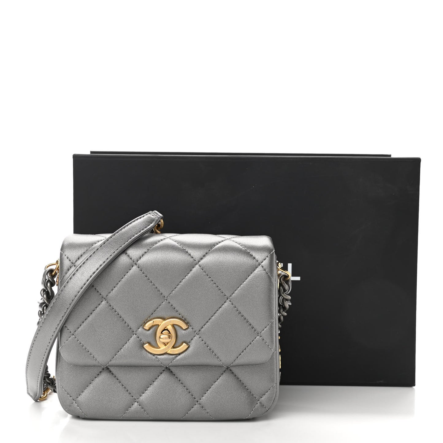 Metallic Lambskin Quilted Mini Side Note Flap Grey