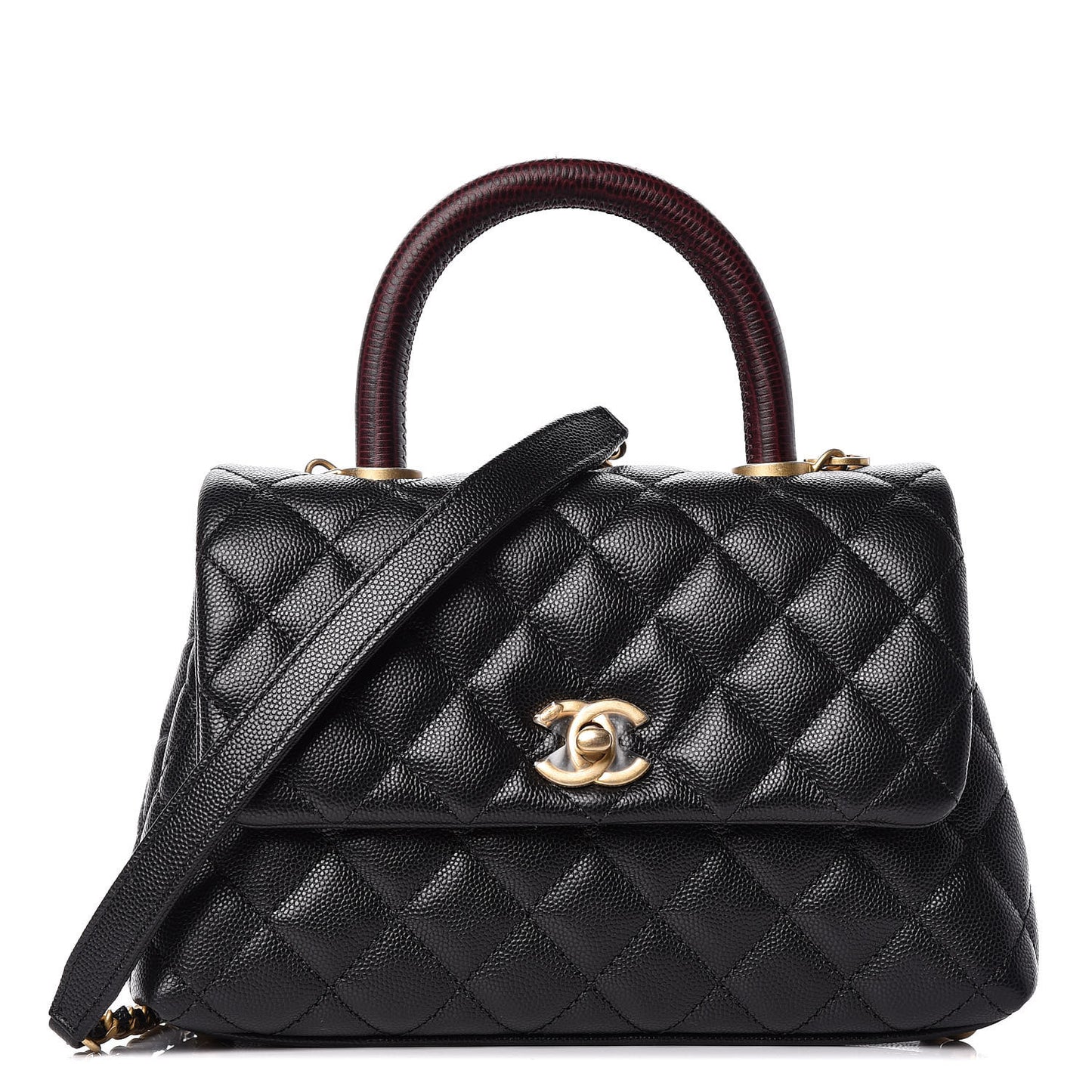 Caviar Lizard Embossed Quilted Mini Coco Handle Flap Black